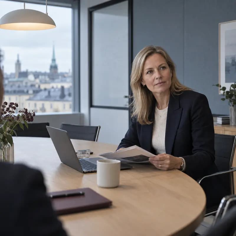 Investerare i ett mötesrum med utsikt över staden, med utskrivna rapporter och en laptop på bordet