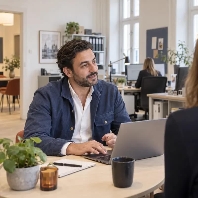 Rådgivare på en redovisningsbyrå i samtal med en klient över en laptop, med kollegor i bakgrunden