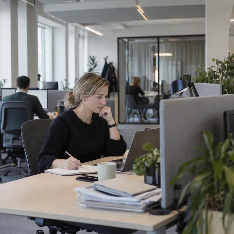Redovisningsekonom i ett kontorslandskap som antecknar bredvid sin laptop, med pärmar och utskrifter på skrivbordet